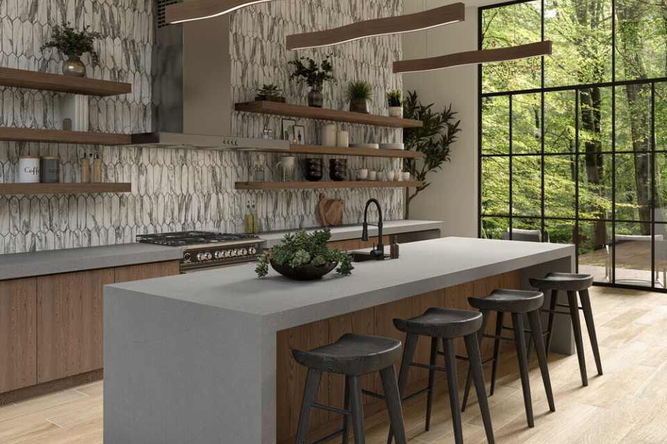 biophilic design in kitchen with open wood shelving, tile accent wall, and greenery